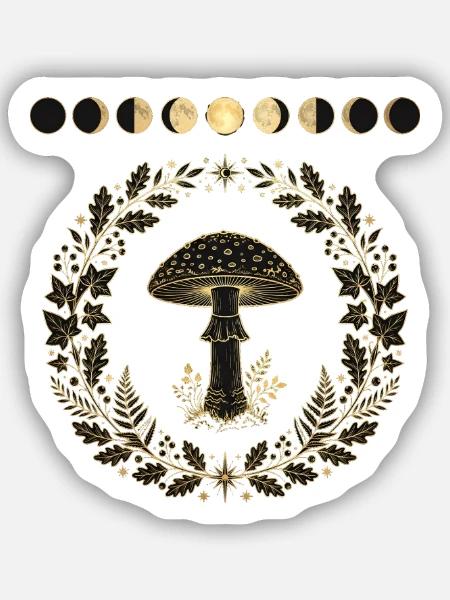 Pilz im Blätterkranz mit Mondphasen - Sticker Größe S (10 x 10 cm) - Mattweiß