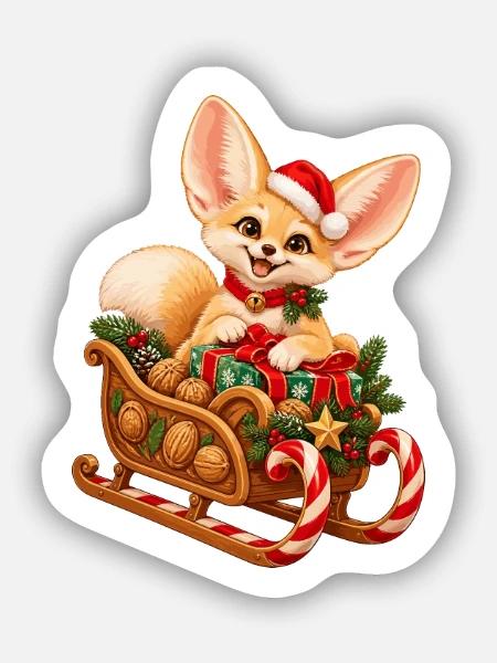 Fennek mit weihnachtlichem Nussschlitten - Sticker Größe S (10 x 10 cm) - Mattweiß
