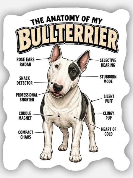 Lustiges Bullterrier Anatomie Hundebesitzer Spruch - Sticker Größe S (10 x 10 cm) - Mattweiß