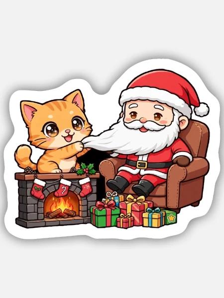 CatChristmas: Weihnachtsmann am Kamin - Sticker Größe S (10 x 10 cm) - Mattweiß