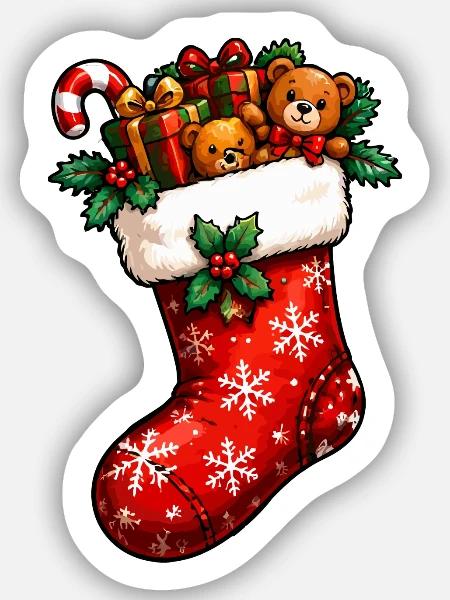 Festlicher Weihnachtssocken mit Teddy - Sticker Größe S (10 x 10 cm) - Mattweiß
