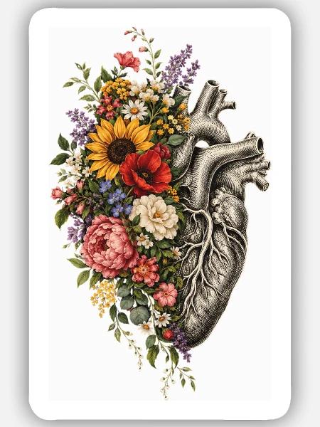 Blütenherz: Florales Anatomie-Design - Sticker Größe S (10 x 10 cm) - Mattweiß