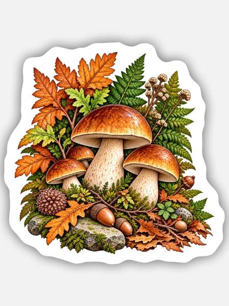 Herbstpilze im bunten Laub - Sticker Größe S (10 x 10 cm) - Mattweiß
