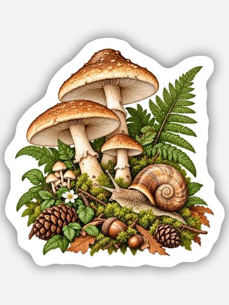 Waldpilze und Blattwerk - Sticker Größe S (10 x 10 cm) - Mattweiß