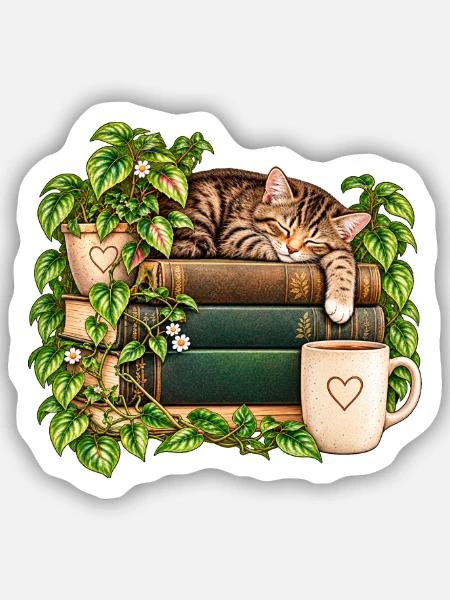 Katzenruhe auf Bücherstapel - Sticker Größe S (10 x 10 cm) - Mattweiß