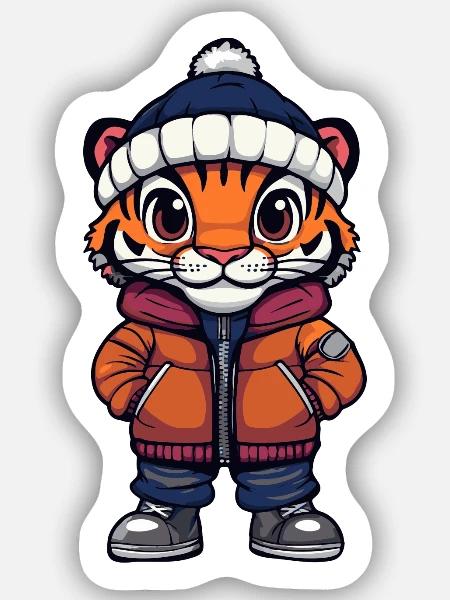 Tiger mit Winterjacke und Mütze - Sticker Größe S (10 x 10 cm) - Mattweiß