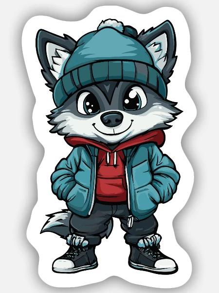 Wolf mit Winterjacke und Mütze - Sticker Größe S (10 x 10 cm) - Mattweiß