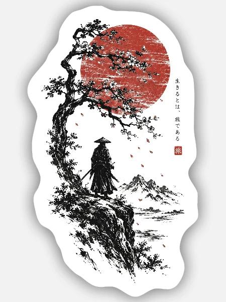 Roter Mond, Bonsai und Samurai - Sticker Größe S (10 x 10 cm) - Mattweiß