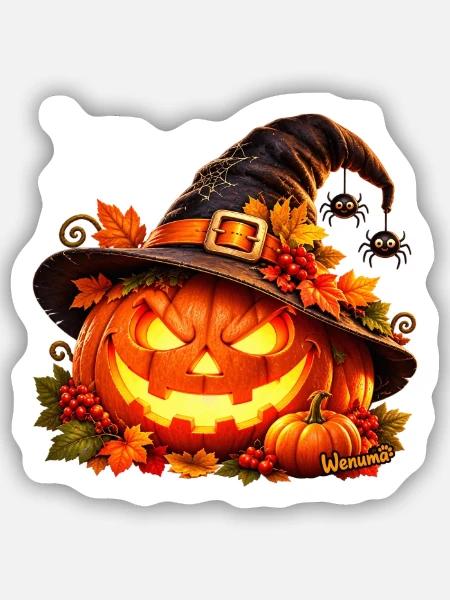 Halloween Kürbis im Hexenhut Wenuma - Sticker Größe S (10 x 10 cm) - Mattweiß