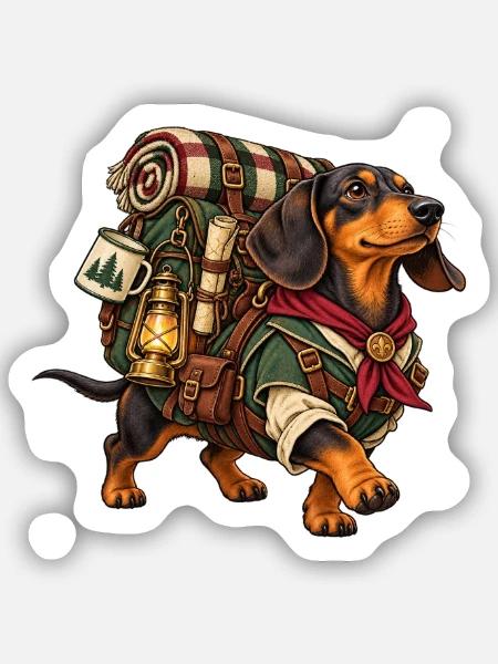 Dackel als Abenteurer mit Wandergepäck - Sticker Größe S (10 x 10 cm) - Mattweiß