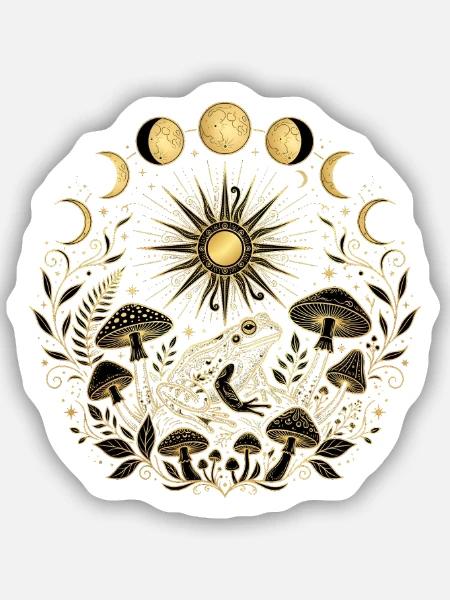 Goldene Kröte mit Pilzen und Mondphasen - Sticker Größe S (10 x 10 cm) - Mattweiß