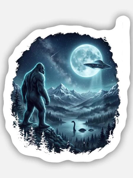 Bigfoot Alien UFO Loch Ness Weltraum Szene Kryptid - Sticker Größe S (10 x 10 cm) - Mattweiß