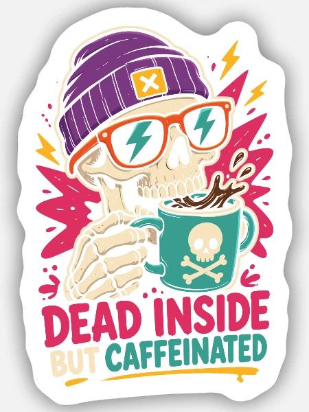 Kaffee-Totenkopf – Dead Inside But Caffeinated - Sticker Größe S (10 x 10 cm) - Mattweiß
