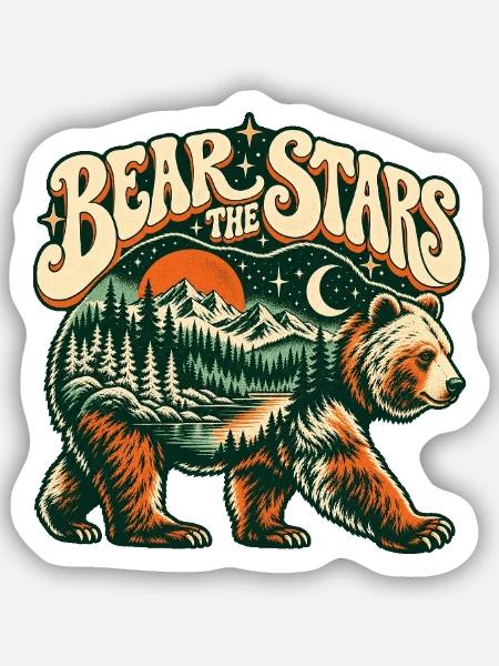 Bär unter Sternen – Berglandschaft Retro - Sticker Größe S (10 x 10 cm) - Mattweiß