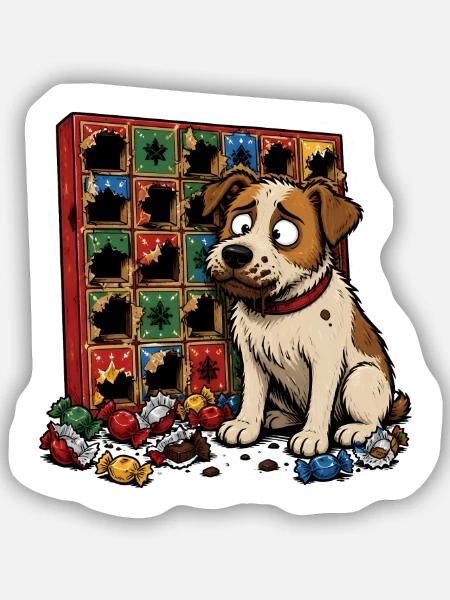 Hund Adventskalender Schokolade Comic T-Shirt - Sticker Größe S (10 x 10 cm) - Mattweiß
