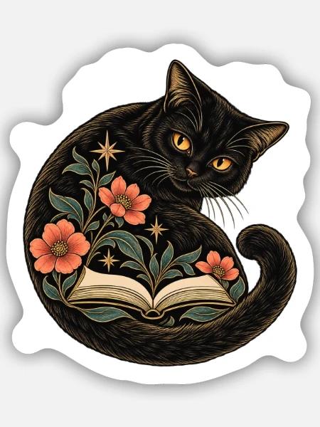 Schwarze Katze und Blütenbuch - Sticker Größe S (10 x 10 cm) - Mattweiß