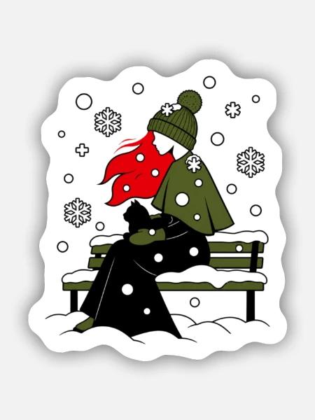 ragazza_capelli_rossi-_sotto_la_neve_con_gatto_ - Sticker Größe S (10 x 10 cm) - Mattweiß
