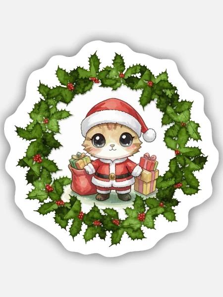 Weihnachtskätzchen im Kranz - Sticker Größe S (10 x 10 cm) - Mattweiß