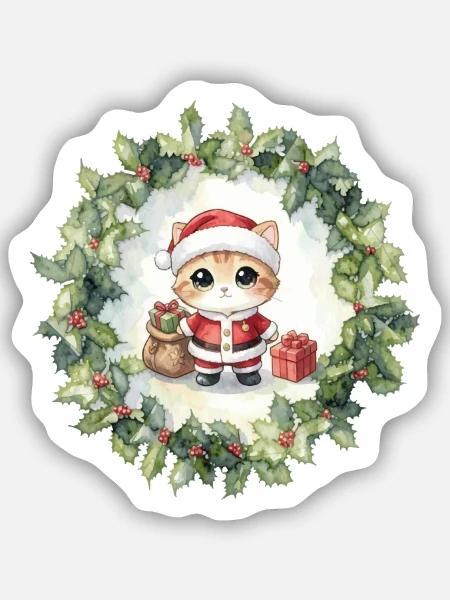 Kleiner Weihnachtskater im Kranz - Sticker Größe S (10 x 10 cm) - Mattweiß