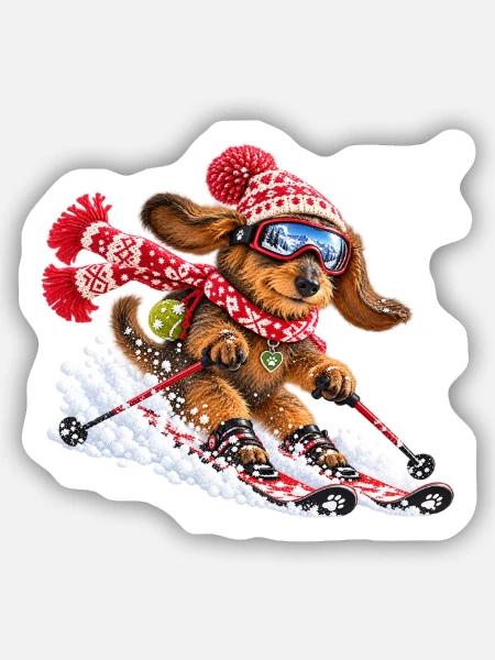 Skifahrender Dackel – Winterspaß auf vier Pfoten - Sticker Größe S (10 x 10 cm) - Mattweiß
