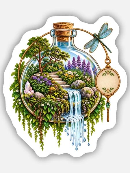Gartenflasche: Wasserfall im Zauberwald - Sticker Größe S (10 x 10 cm) - Mattweiß