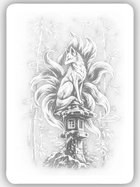 Japanese Kitsune – Nine-Tailed Fox Spirit - Sticker Größe S (10 x 10 cm) - Mattweiß