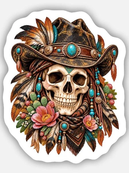 Totenkopf, Totenkopf, Biker, Totenkopf, Cowboyhut - Sticker Größe S (10 x 10 cm) - Mattweiß