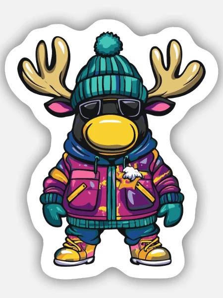 Elch mit Winterjacke und Sonnenbrille - Sticker Größe S (10 x 10 cm) - Mattweiß
