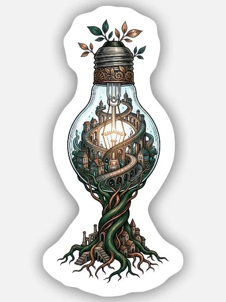 Glühbirne Stadt Baum – Fantasie Kunstwerk - Sticker Größe S (10 x 10 cm) - Mattweiß