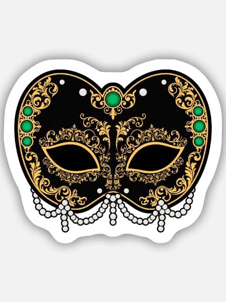 Goldene Schwarze Maske mit Perlen - Sticker Größe S (10 x 10 cm) - Mattweiß