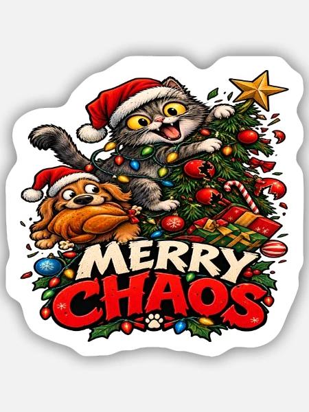 Weihnachtschaos – Katze und Hund - Sticker Größe S (10 x 10 cm) - Mattweiß