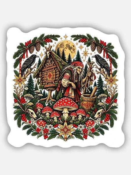 Weihnachts-Baba-Jaga-Slawische Hexen-Folklore - Sticker Größe S (10 x 10 cm) - Mattweiß