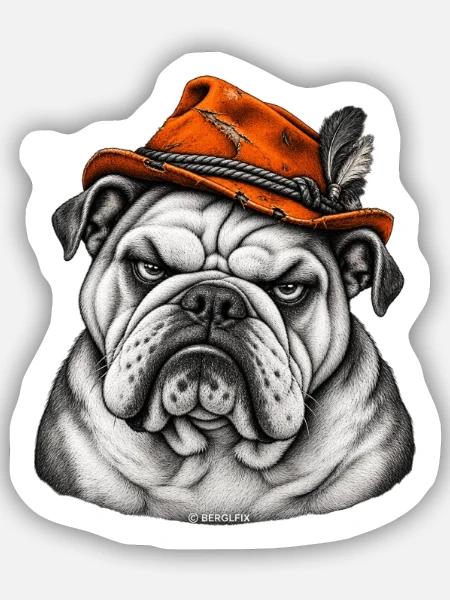 Bulldog im Orange Hut – Retro Flair - Sticker Größe S (10 x 10 cm) - Mattweiß