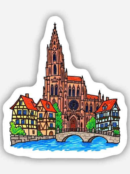 Straßburg Skyline im Wachsmalstil - Sticker Größe S (10 x 10 cm) - Mattweiß