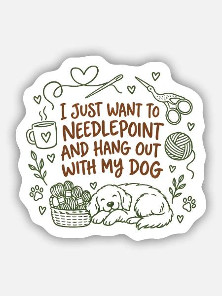 Needlepoint hängt mit Hund niedlich ab - Sticker Größe S (10 x 10 cm) - Mattweiß