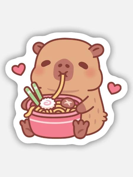 Süßer Capybara liebt es, japanische Ramen-Nudeln zu schlürfen - Sticker Größe S (10 x 10 cm) - Mattweiß