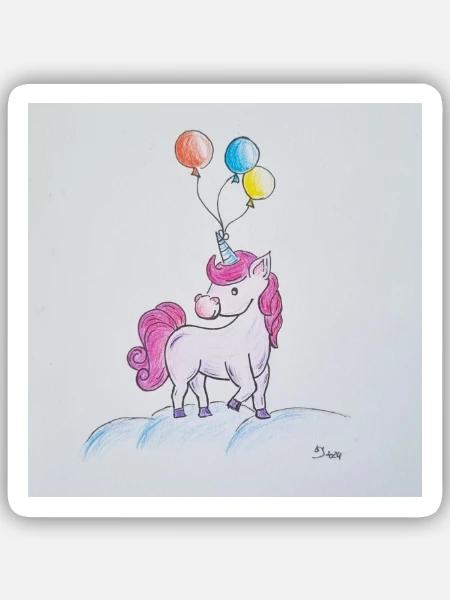 Pastell-Einhorn mit Ballons - Sticker Größe S (10 x 10 cm) - Mattweiß
