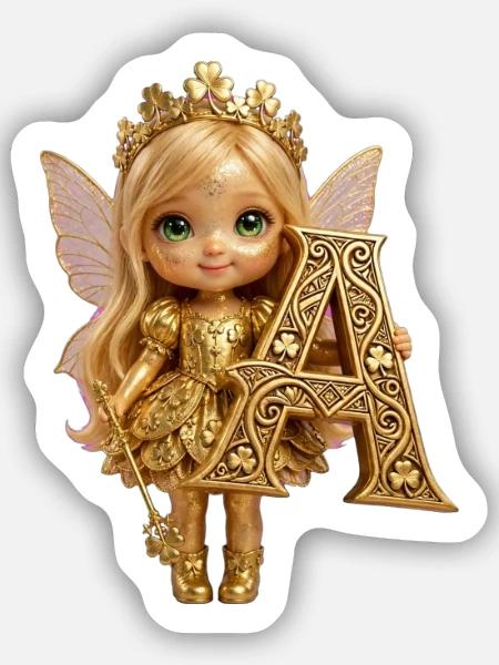 Goldene Fee mit verzierter A - Sticker Größe S (10 x 10 cm) - Mattweiß
