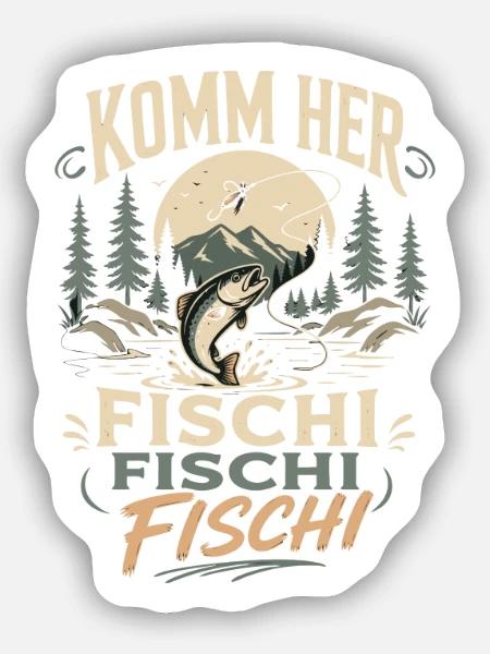 Komm her Fischi Fischi Angler - Sticker Größe S (10 x 10 cm) - Mattweiß