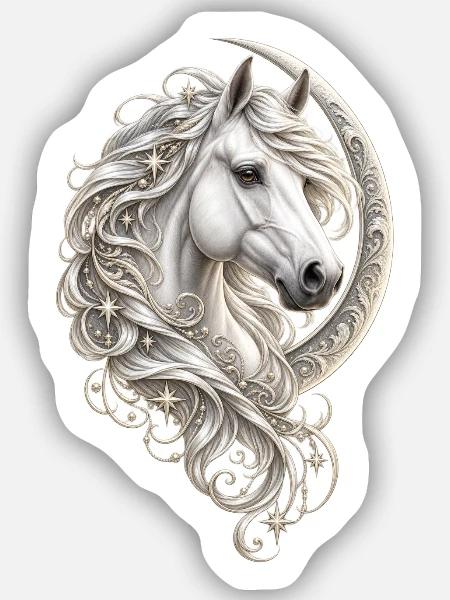 Himmlisches Weißpferd – Halbmond und Stern - Sticker Größe S (10 x 10 cm) - Mattweiß
