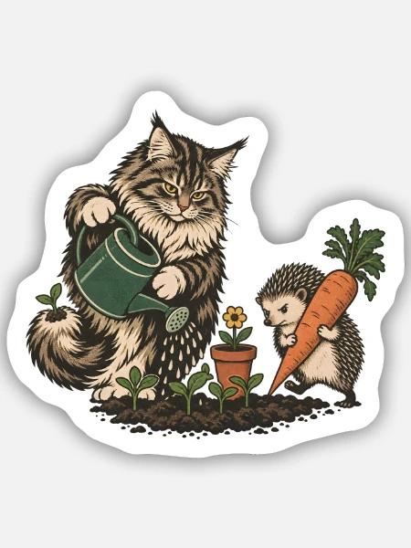 Maine Coon und Igel beim Gärtnern - Sticker Größe S (10 x 10 cm) - Mattweiß