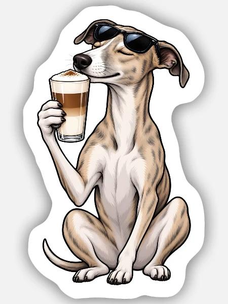 Whippet mit Latte Macchiato - Sticker Größe S (10 x 10 cm) - Mattweiß