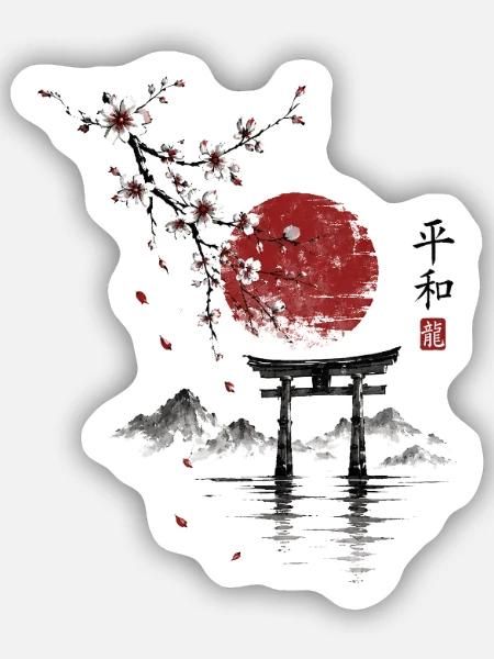 Sakura Torii am roten Mond - Sticker Größe S (10 x 10 cm) - Mattweiß