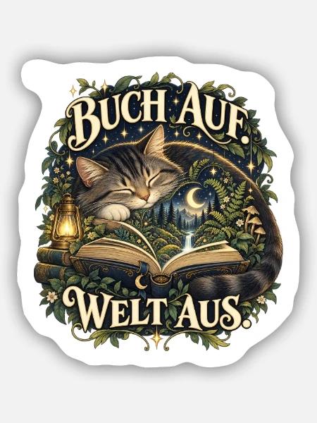 Buch auf. Welt aus. - Sticker Größe S (10 x 10 cm) - Mattweiß