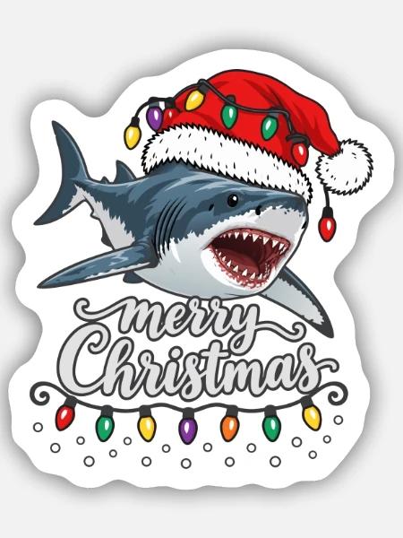 Weihnachtshai mit Lichterkette Hai - Sticker Größe S (10 x 10 cm) - Mattweiß