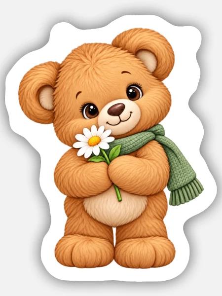 Süßer Teddybär mit Gänseblümchen - Sticker Größe S (10 x 10 cm) - Mattweiß