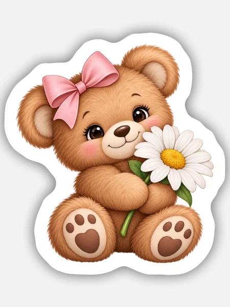 Süßer Teddybär mit Gänseblümchen - Sticker Größe S (10 x 10 cm) - Mattweiß