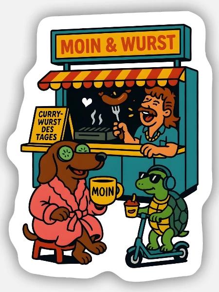 Dackel Imbiss Moin und Wurst - Sticker Größe S (10 x 10 cm) - Mattweiß