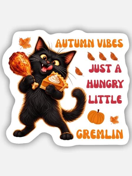 Herbststimmung: Hungriger schwarzer Katzen-Gremlin - Sticker Größe S (10 x 10 cm) - Mattweiß