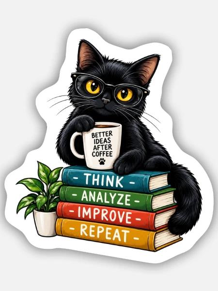 Nerdy Katze mit Kaffee und Büchern - Sticker Größe S (10 x 10 cm) - Mattweiß